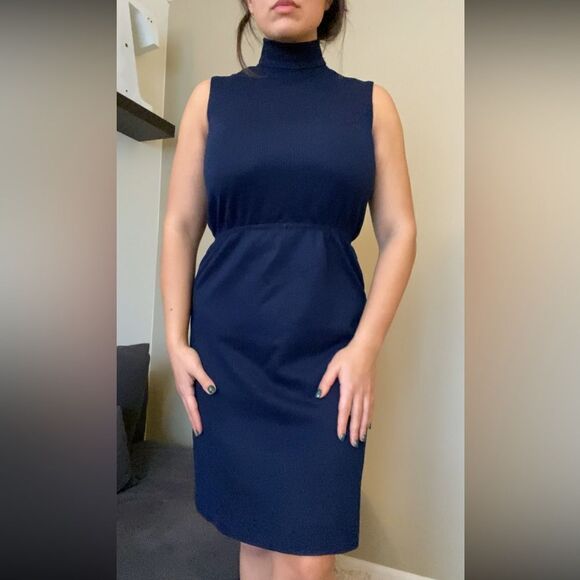 Vintage VTG Navy Blue Short Sleeve Turtleneck Dress Size Medium 60s Mod - Picture 11 of 11